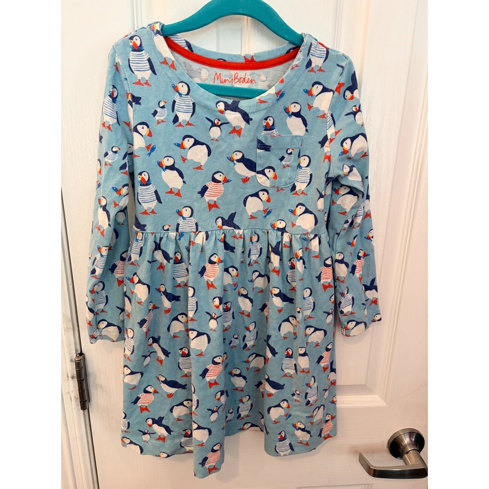 Mini Boden Dress Blue Puffin Bird Print Long Sleeve Jersey Cotton Kids 5-6Y